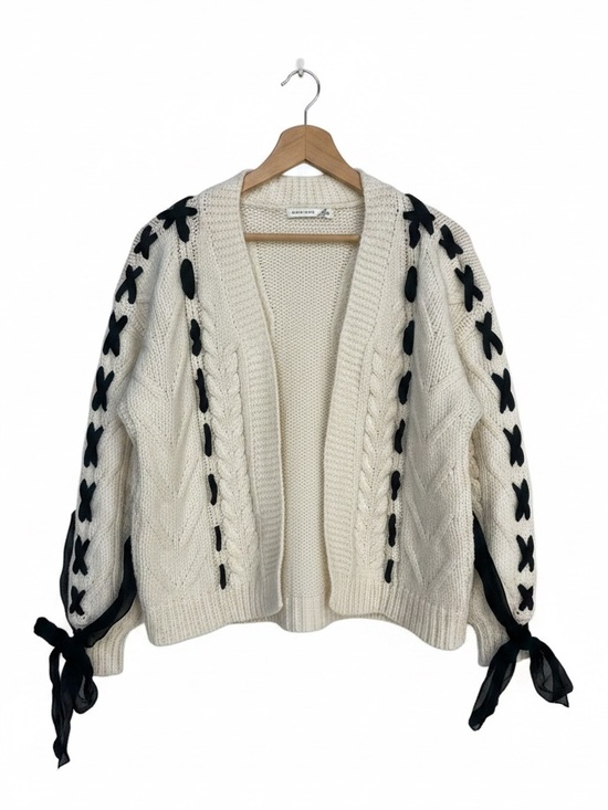 Altar'd State Sweaters - altar’d state cream cable knit cardigan with black ribbon lace along the sleeves